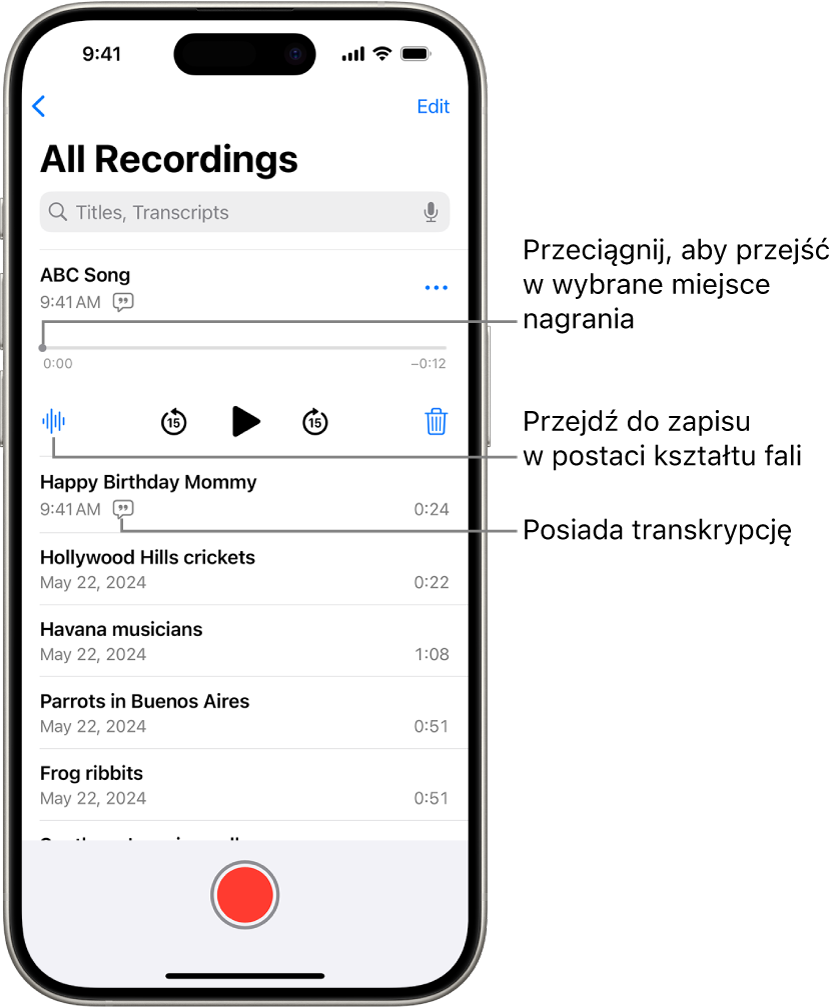 Ekran listy notatek głosowych z zaznaczonym nagraniem u góry. Na linii czasowej nagrania widoczna jest głowica odtwarzająca, którą możesz przeciągnąć, aby przejść do innego miejsca nagrania. Poniżej linii czasowej widoczne są narzędzia odtwarzania.