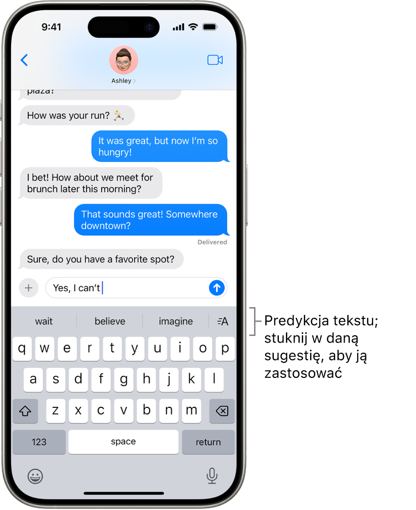 Klawiatura ekranowa otwarta w aplikacji Wiadomości. W polu tekstowym wprowadzany jest tekst. Nad klawiaturą widoczne są predykcje sugerujące kolejny wyraz.