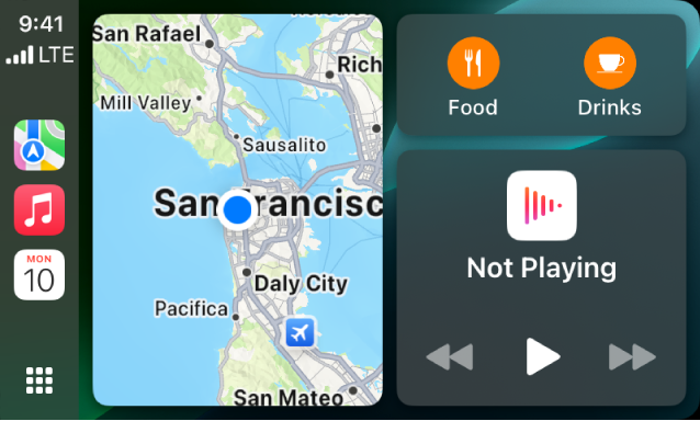 Um Painel do CarPlay mostrando os apps Mapas, Música e Mensagens na Barra Lateral. À direita há um mapa do Apple Park, uma janela de navegação e uma janela com a reprodução atual.