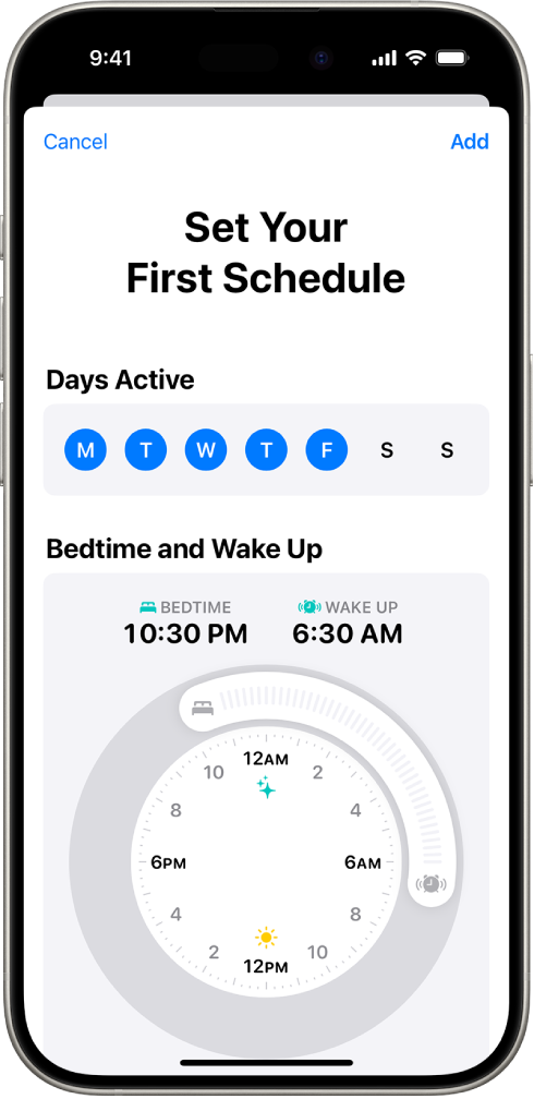 A tela Defina Seus Primeiros Horários no app Saúde, com uma seção Dias Ativos e um relógio de Hora de Dormir e Despertador.