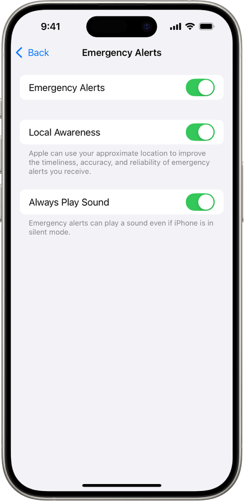 O ecrã Avisos de emergência, com as opções Avisos de emergência, Deteção de localização e Reproduzir sempre som ativadas.