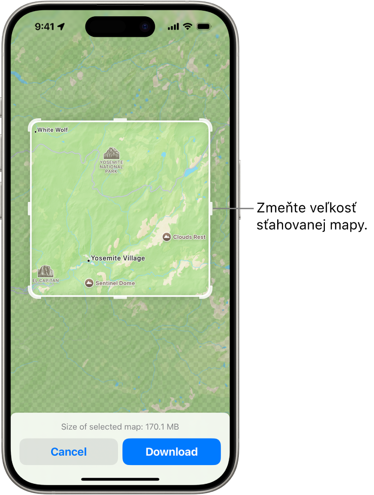 Mapa národného parku. Park je v rámčeku s úchytmi, ktoré možno presúvať a meniť tak veľkosť mapy na stiahnutie. Veľkosť sťahovaného súboru mapy sa zobrazuje v spodnej časti mapy. V dolnej časti obrazovky sa nachádzajú tlačidlá Zrušiť a Stiahnuť.