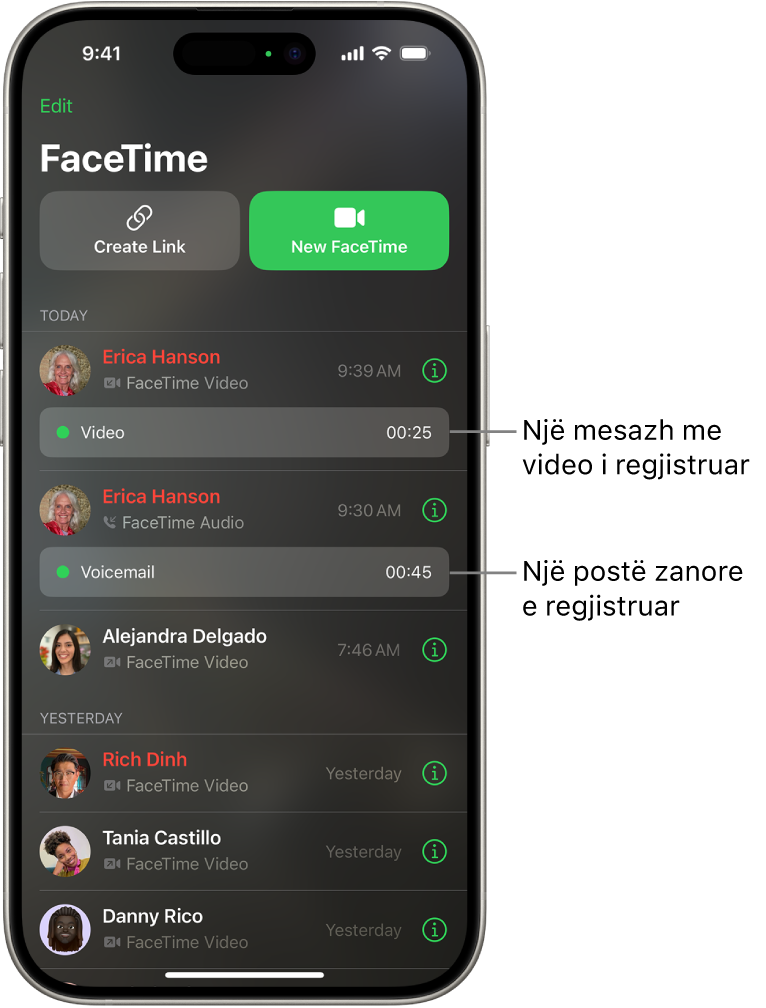 Historiku i telefonatave me FaceTime, me lidhje për te një mesazh me video të regjistruar dhe një postë zanore.