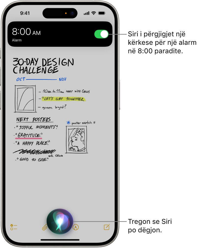 Një ekran iPhone. Pranë kreut të ekranit, një njoftim nga aplikacioni Clock tregon se një alarm është i aktivizuar për në orën 8:00 të mëngjesit. Një ikonë në fund të ekranit tregon se Siri është duke dëgjuar.