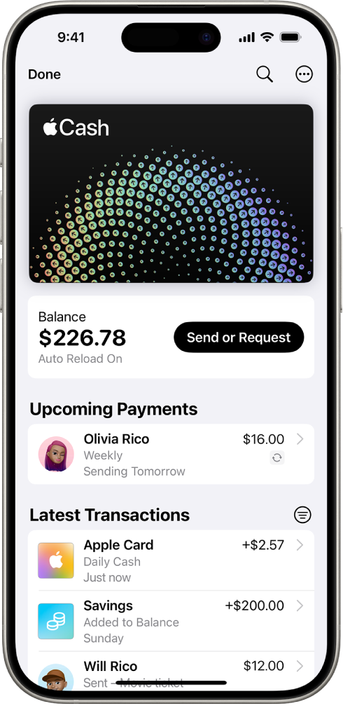 Karta Apple Cash në Wallet, ku tregohet butoni More në cepin e sipërm djathtas, bilanci aktual dhe butoni Send ose Request në mes, dhe transaksionet e fundit në fund.