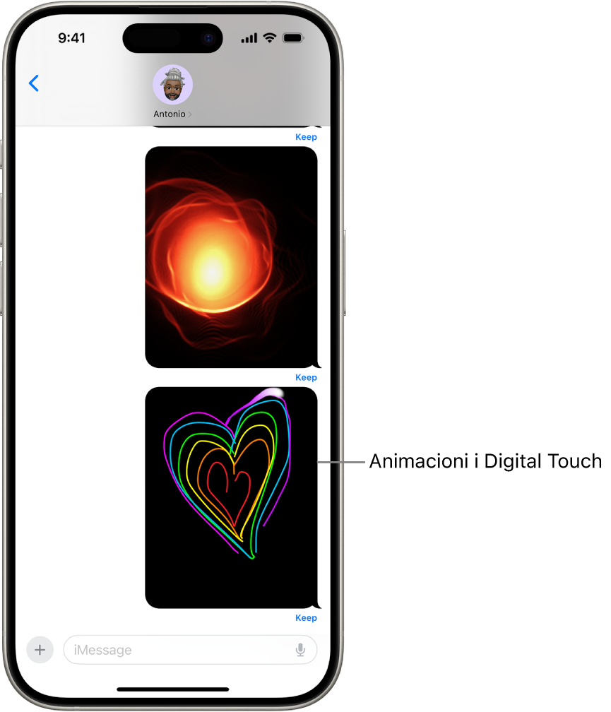 Një bisedë e Messages me një gjest dhe animacion të Digital Touch.