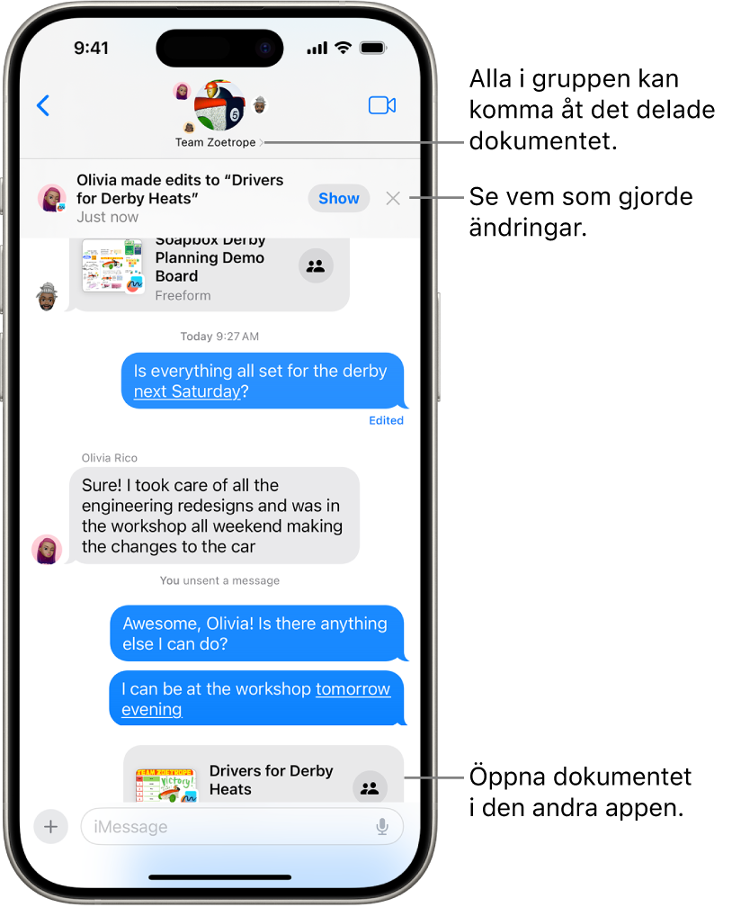 En gruppkonversation i Meddelanden, inklusive en samarbetsinbjudan och uppdateringar högst upp i konversationsfönstret.