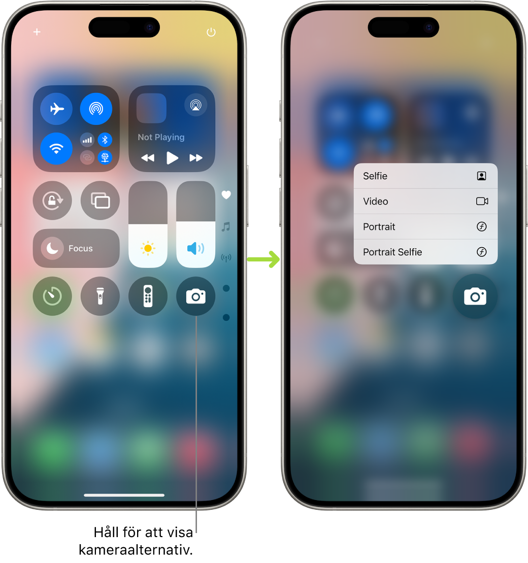 Två Kontrollcenter sida vid sida – den till vänster visar reglagen för flygplansläge, mobildata, Wi-Fi och Bluetooth i den övre vänstra gruppen. I nedre högra hörnet finns kamerasymbolen. På skärmen till höger visas fler alternativ i menyn med snabbåtgärder för Kamera: Selfie, Video, Porträtt och Porträttselfie.
