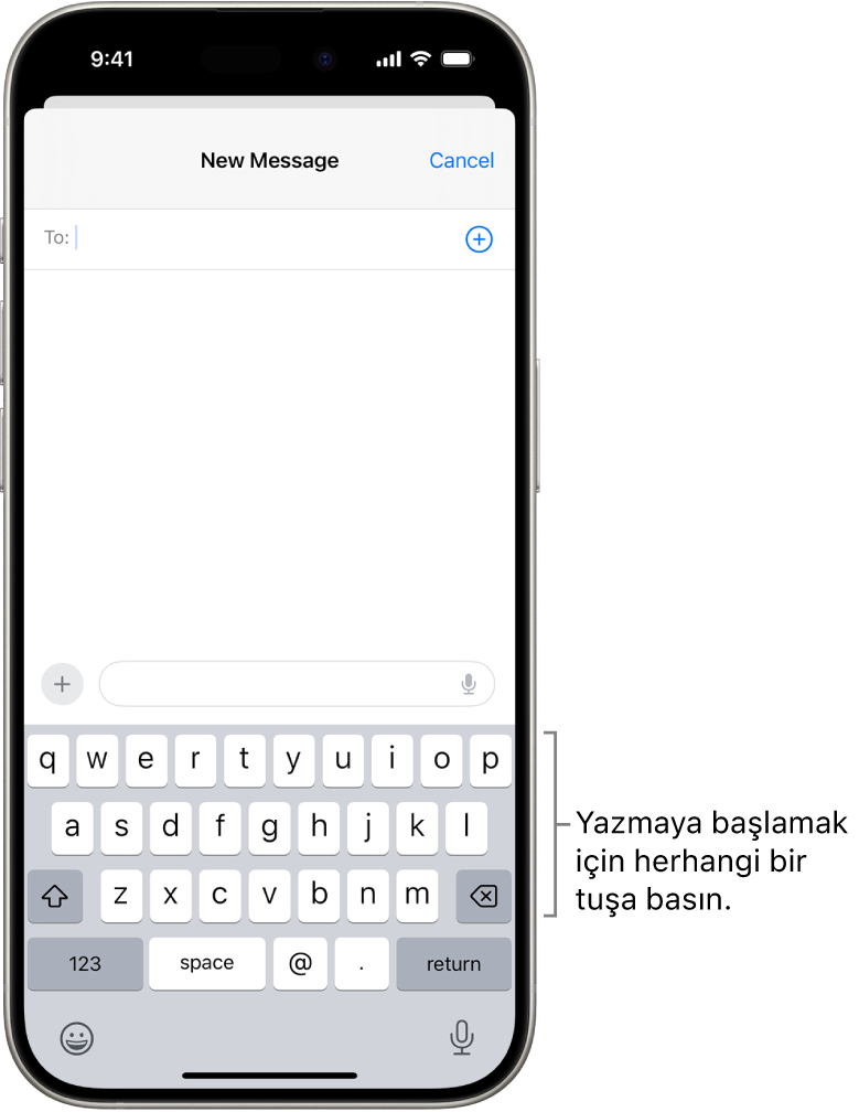 Mail uygulamasında boş bir e-posta açık. Ekran klavyesi ekranın alt yarısında.