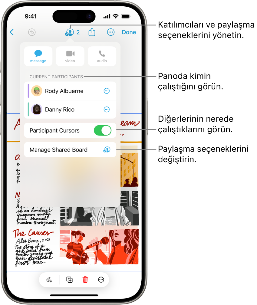 iPhone’da ortak çalışma menüsü açık durumda, paylaşılan bir Freeform panosu.