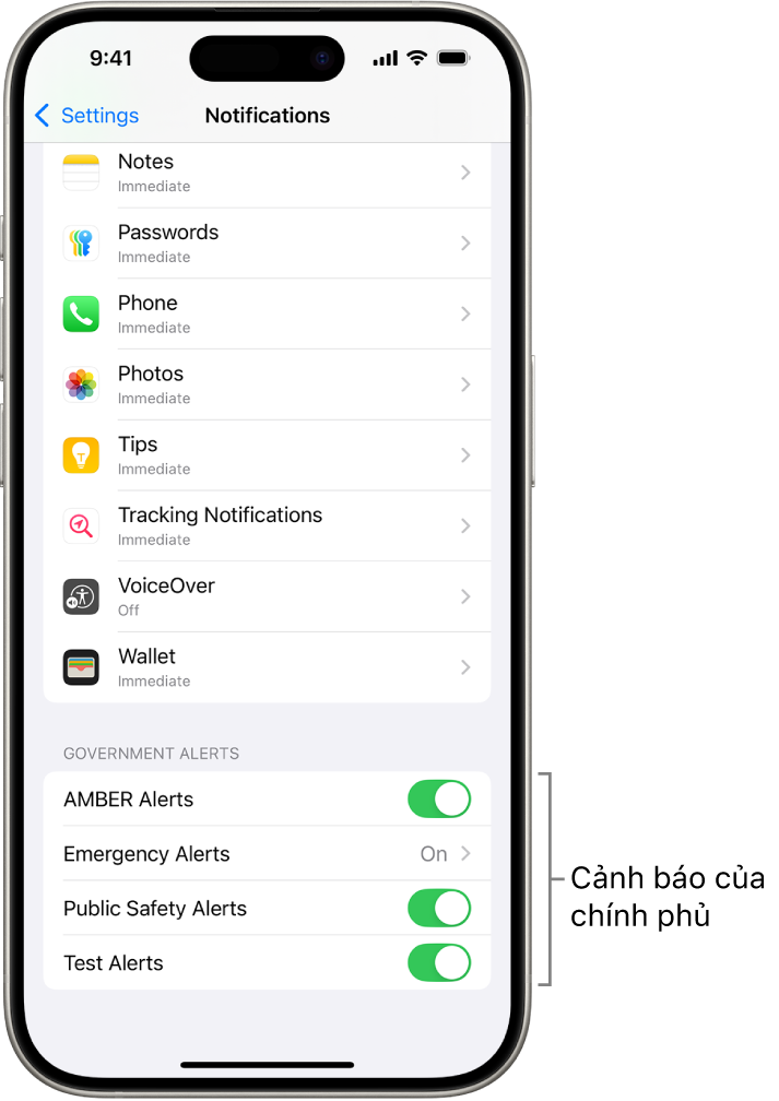 Màn hình Thông báo, đang hiển thị Cảnh báo của chính phủ mà bạn có thể bật để nhận các cảnh báo của chính phủ.
