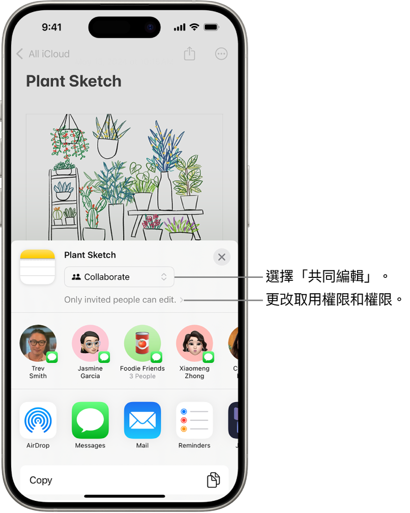 「備忘錄」中一個共同編輯繪圖的邀請，其中顯示「共同編輯」為共享選項，以及「只有你邀請的人才可編輯」為取用和權限設定。其下方的橫列顯示四個可能使用的收件人，包括一個群組。底部的橫列提供共享備忘錄的不同方式：AirDrop、「訊息」、「郵件」和 Freeform。