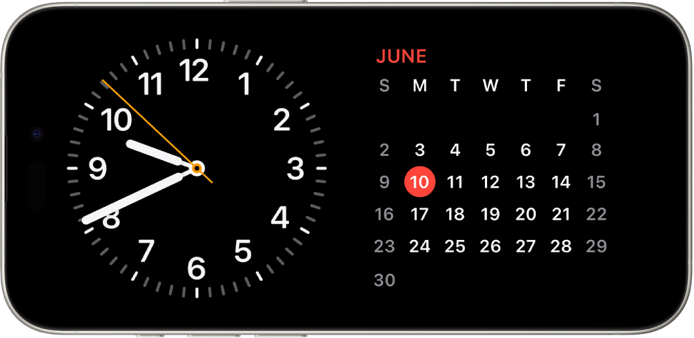 iPhone 横向转动。屏幕左侧显示时钟，右侧显示日期。