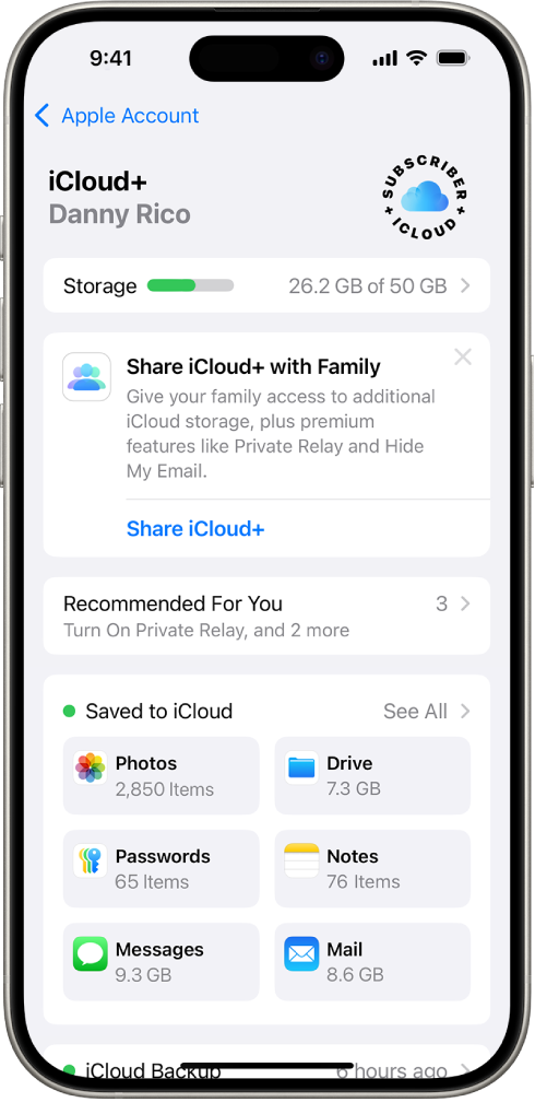 iCloud 設定畫面顯示 iCloud 儲存空間儀表，以及可以搭配 iCloud 使用的 App 和功能列表。