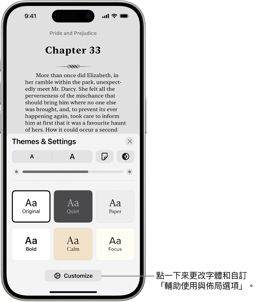 「書籍」App 中某本書的一頁。「主題與設定」選項，顯示字體大小、捲動顯示方式、翻頁樣式、亮度和字體樣式的控制項目。