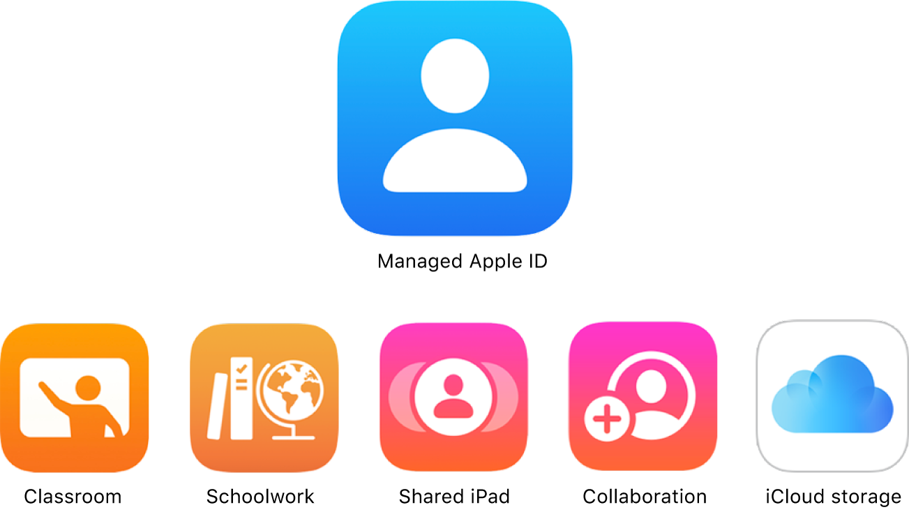 A diagram showing how Managed Apple IDs can access a variety of Apple services.