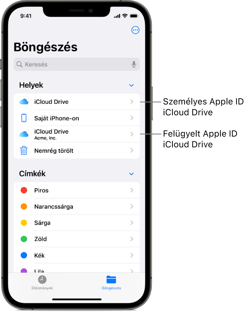 Egy iPhone képernyőjén a felhasználó személyes Apple ID-jának és a felügyelt Apple ID-jának az iCloud Drive-ja látható.