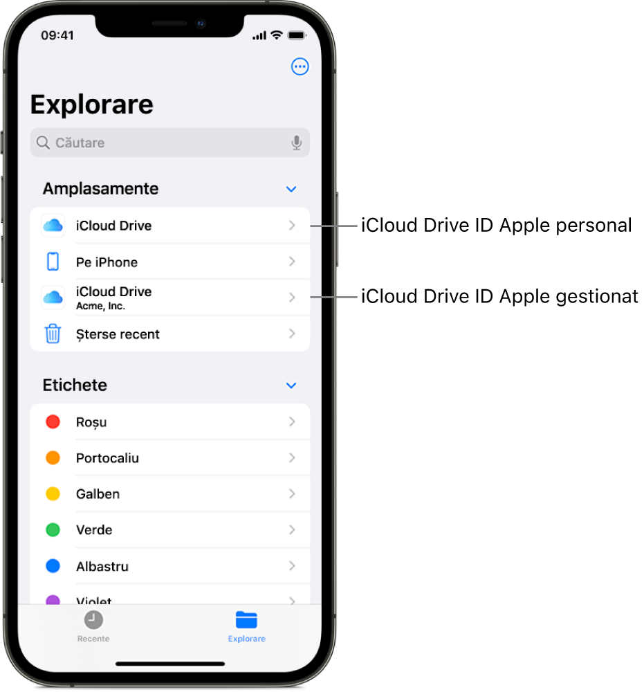 Ecranul unui iPhone afișând iCloud Drive pentru ID-ul Apple personal al unui utilizator și pentru ID-ul său Apple gestionat.