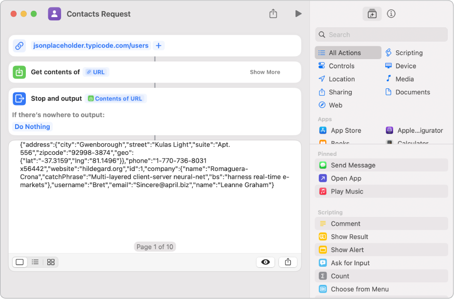 Results of the Typicode API request shortcut, showing a list of users.