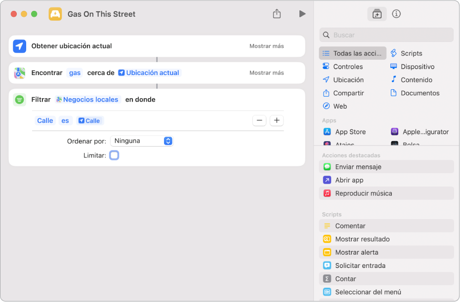 La acción Filtrar ubicaciones donde en el editor de atajos.