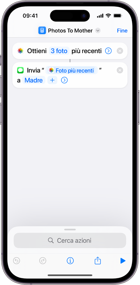 Comando rapido che contiene un'azione “Ottieni le foto più recenti” e un'azione “Invia messaggio”.
