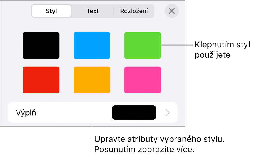 Panel Styl v nabídce Formát se styly objektů u horního okraje; pod nimi jsou ovládací prvky pro změnu výplně