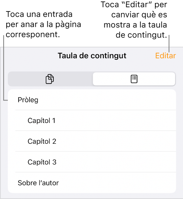 La vista de taula de contingut amb capçaleres en una llista. El botó Editar a l’angle superior dret i els botons “Miniatures de pàgina” i “Taula de contingut” a la part inferior.