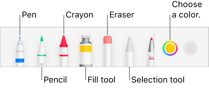 The drawing toolbar in Pages on iPhone with a pen, pencil, crayon, fill tool, eraser, selection tool, and color well showing the current color.