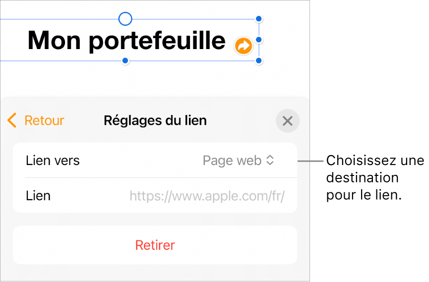 Les commandes « Réglages du lien » avec une page web sélectionnée et le bouton Supprimer en bas.