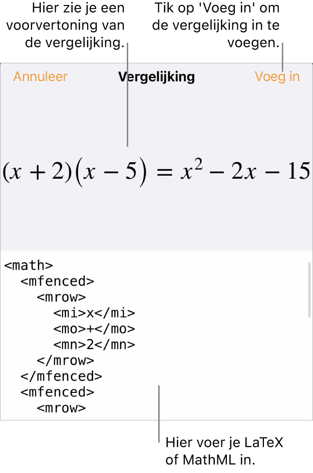 Het venster 'Vergelijking' met daarin een vergelijking die geschreven is met MathML-commando's en erboven een voorvertoning van de formule.