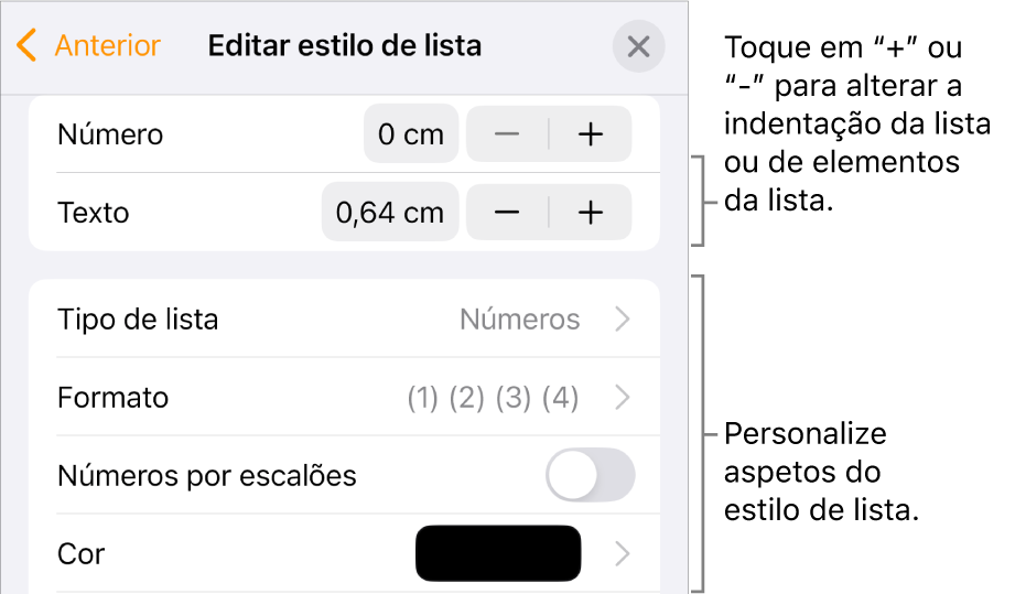 O menu “Editar estilo de lista” com controlos para espaçamento, tipo de lista e formatação, números por escalões e espaçamento entre linhas.