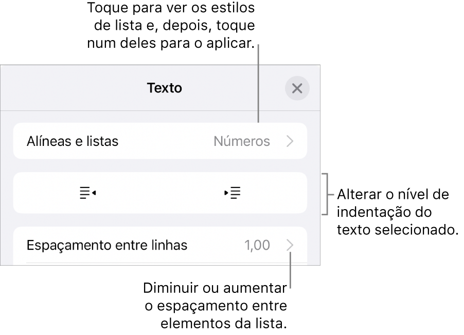 A secção “Marcas e listas” dos controlos de “Formatação” com chamadas para “Marcas e listas”, botões de remover indentação e de indentação e controlos de espaçamento.