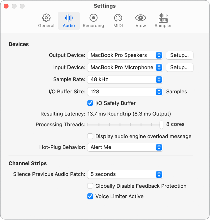 Figure. Audio settings pane.