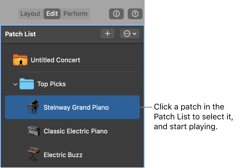 Figure. Selecting a patch in the Patch List.