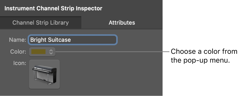 Figure. Channel Strip Inspector showing the Color pop-up menu.