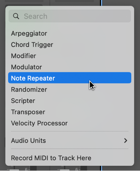 Figure. The MIDI Effect plug-in menu showing the pointer over the Note Repeater plug-in.