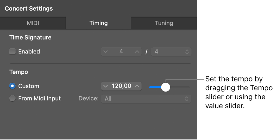 Figure. Dragging the Tempo slider in the Concert Inspector.