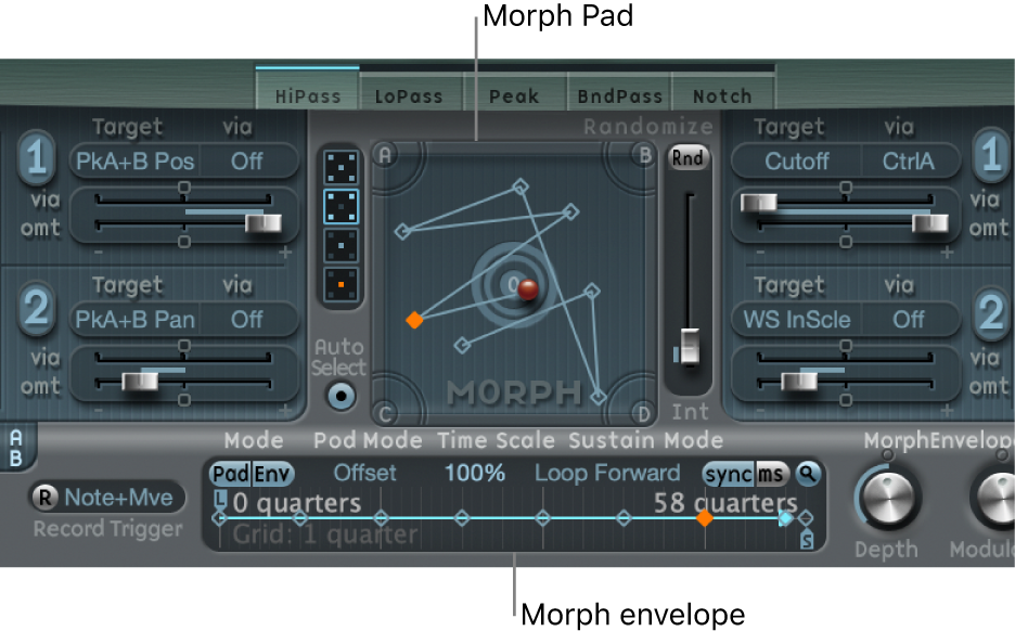 Figure. Morph Pad and Morph Envelope; both showing the selected point.