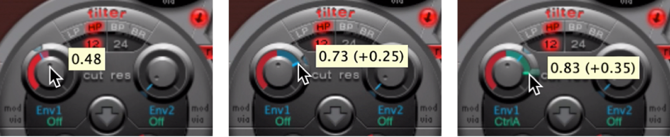 Figure. Cutoff knob, showing three different values for the via range.