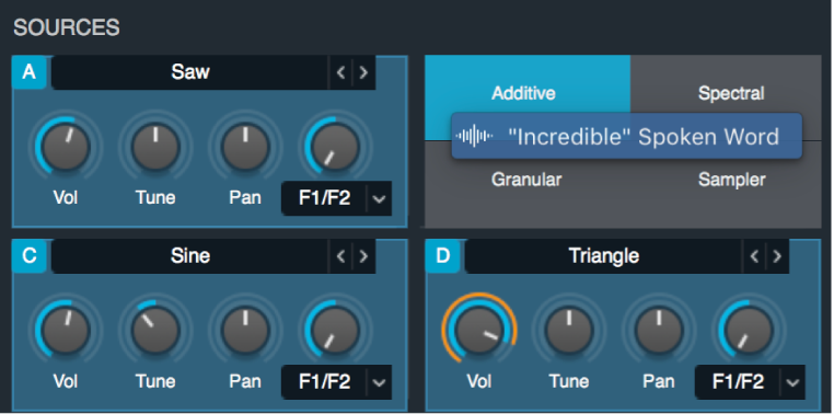 Figure. Audio file being dragged onto the Additive analysis mode grid label of source B.