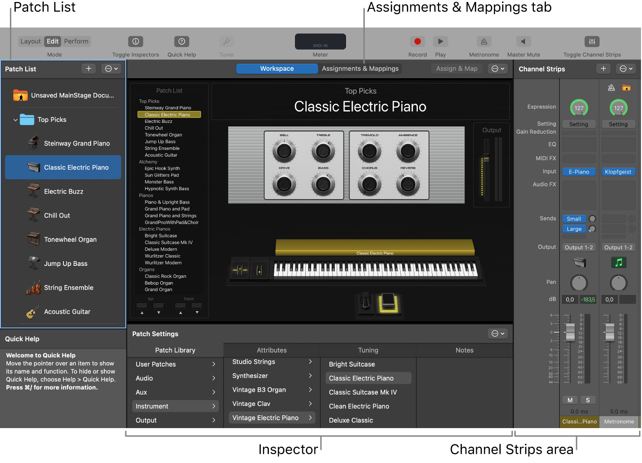 Figure. Edit Mode, showing the Patch List, Inspector, and Channel Strips area.