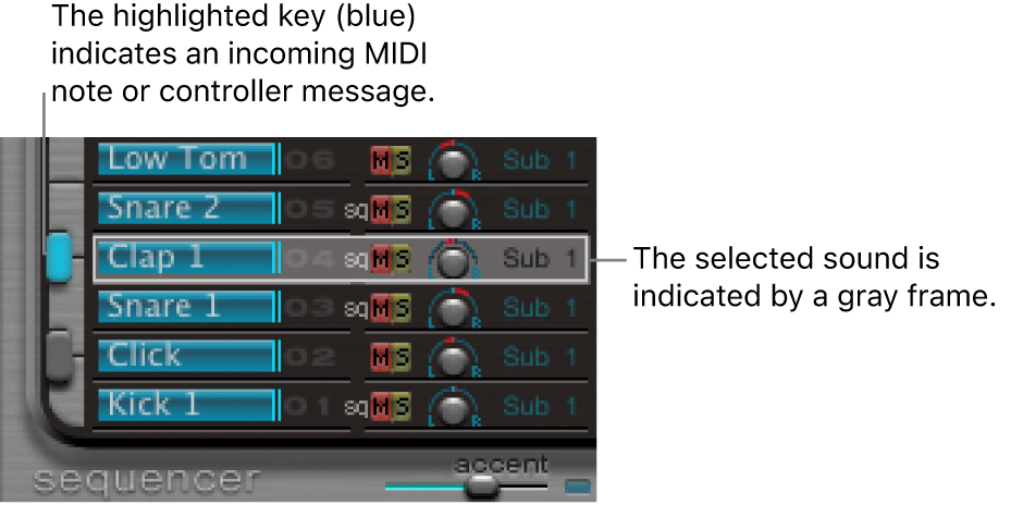 Figure. Assignment section, showing a selected sound and a triggered sound.