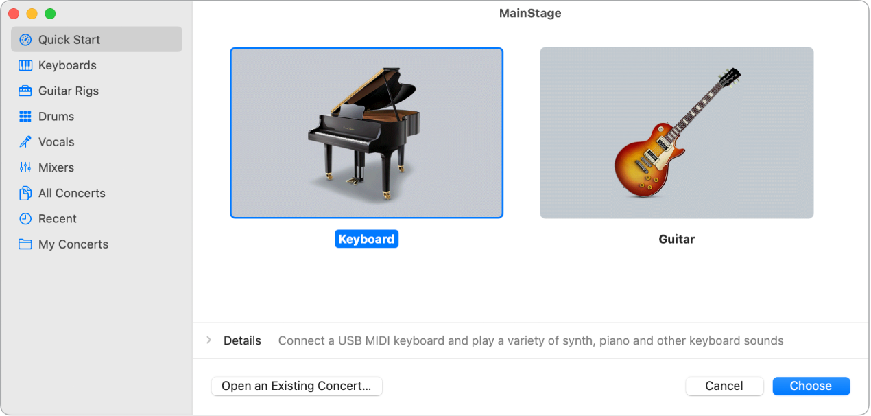 Figure. Choosing a concert template in the Choose Template dialog.