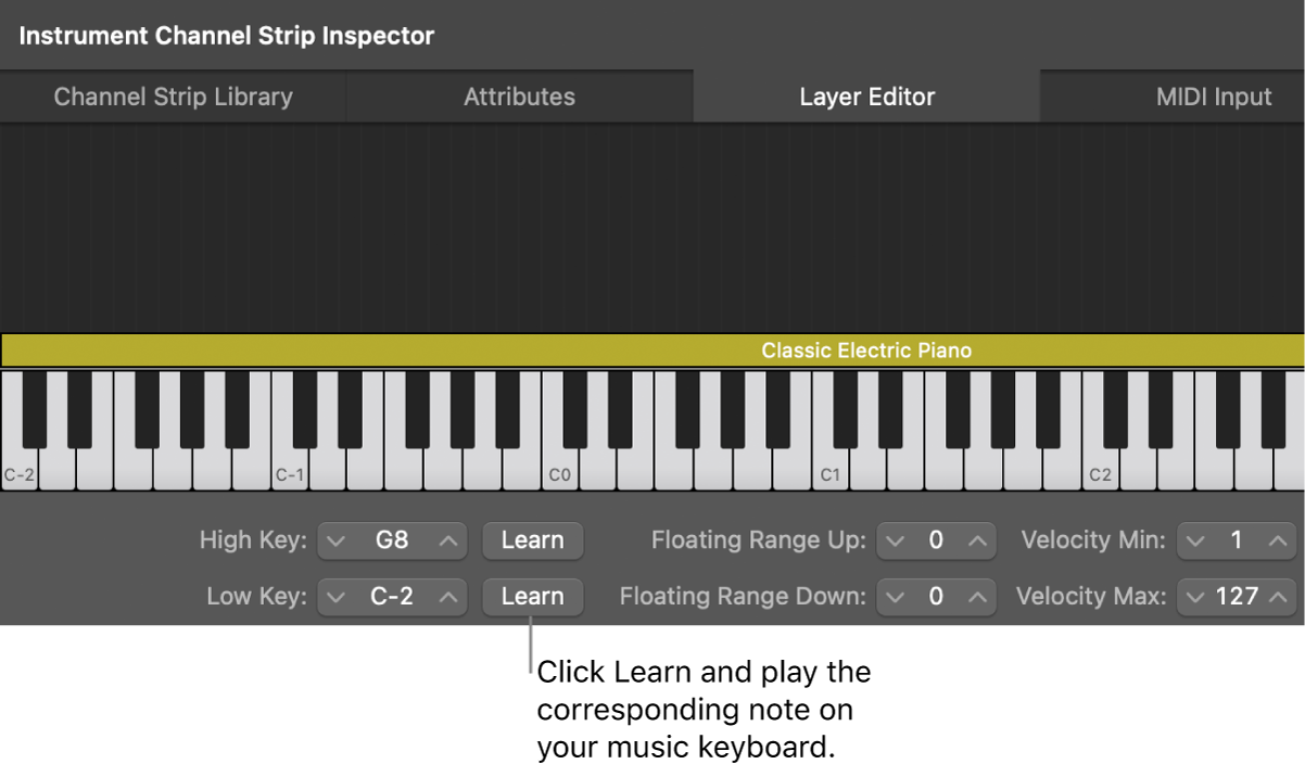 Figure. Learning the key range for a channel strip.