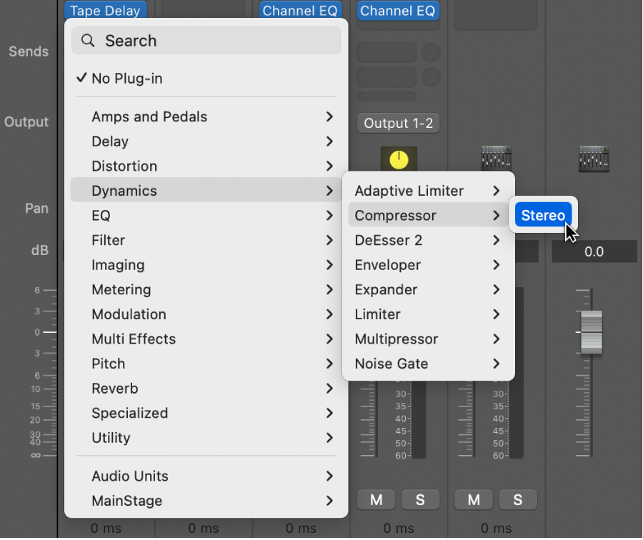 Figure. The Audio Effect plug-in menu showing the pointer over the Compressor plug-in.