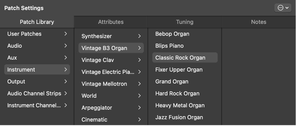 Figure. The Patch Library with a patch setting selected