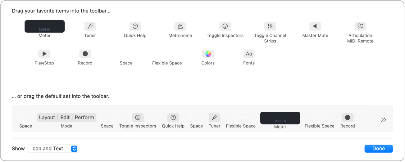 Figure. Customize Toolbar window.