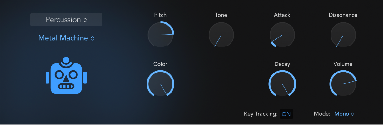 Figure. Drum Synth interface showing a percussion sound and associated parameters. Parameters change when a different percussion sound is chosen.