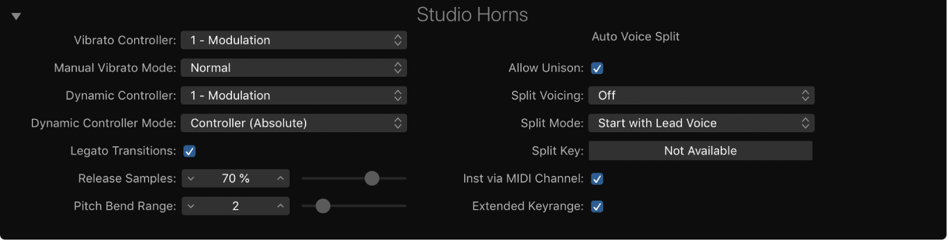 Figure. Studio Horns extended parameters.