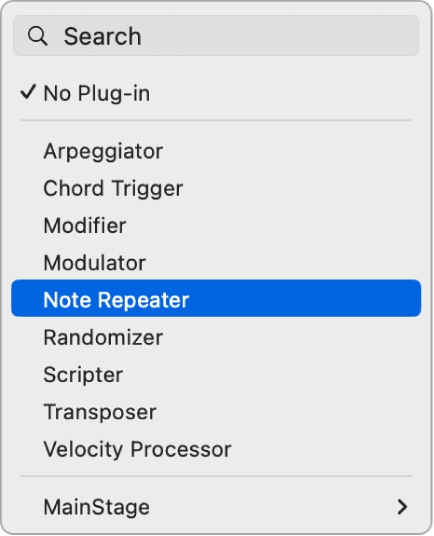 Figure. Choosing a MIDI effect from the pop-up menu.